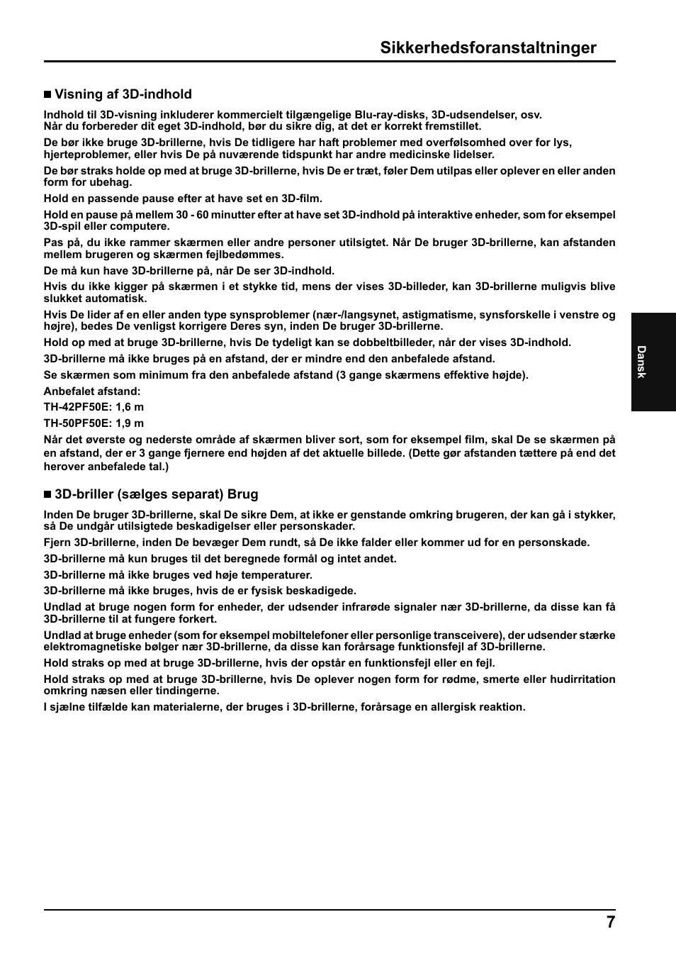 Sikkerhedsforanstaltninger | Panasonic TH50PF50E User Manual | Page 43 / 72