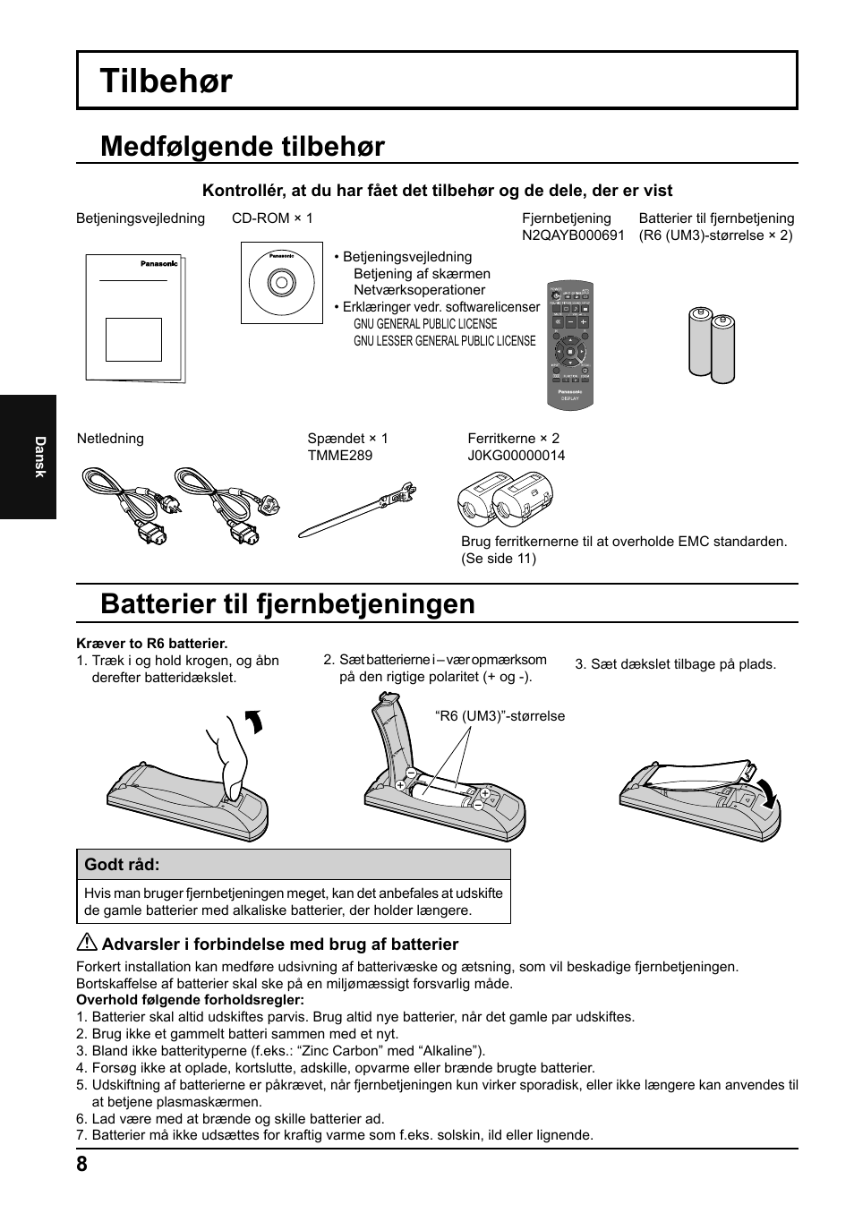 Tilbehør, Batterier til fjernbetjeningen, Medfølgende tilbehør | Panasonic TH50PF50E User Manual | Page 44 / 72