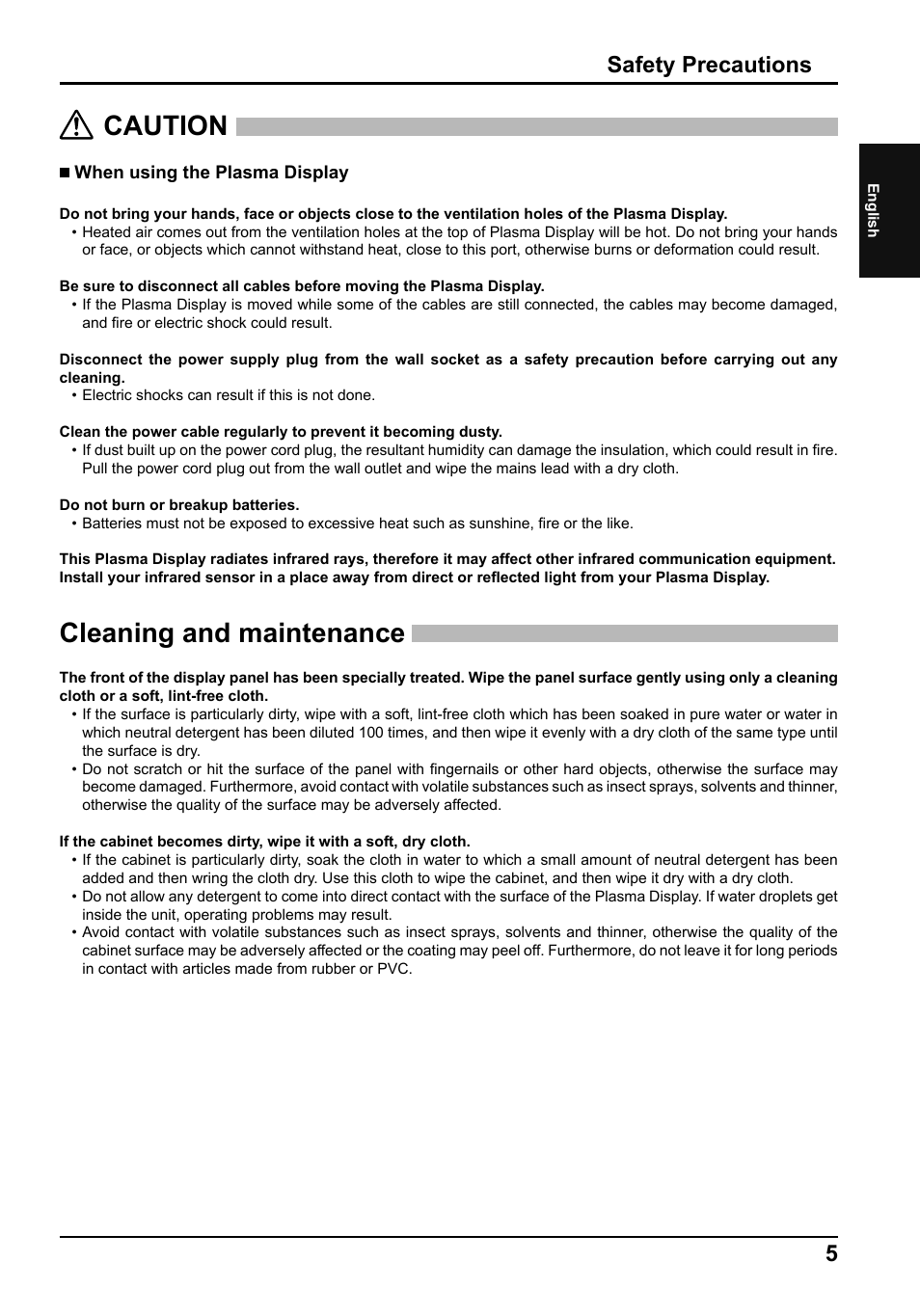 Caution, Cleaning and maintenance, Safety precautions | Panasonic TH50PF50E User Manual | Page 5 / 72