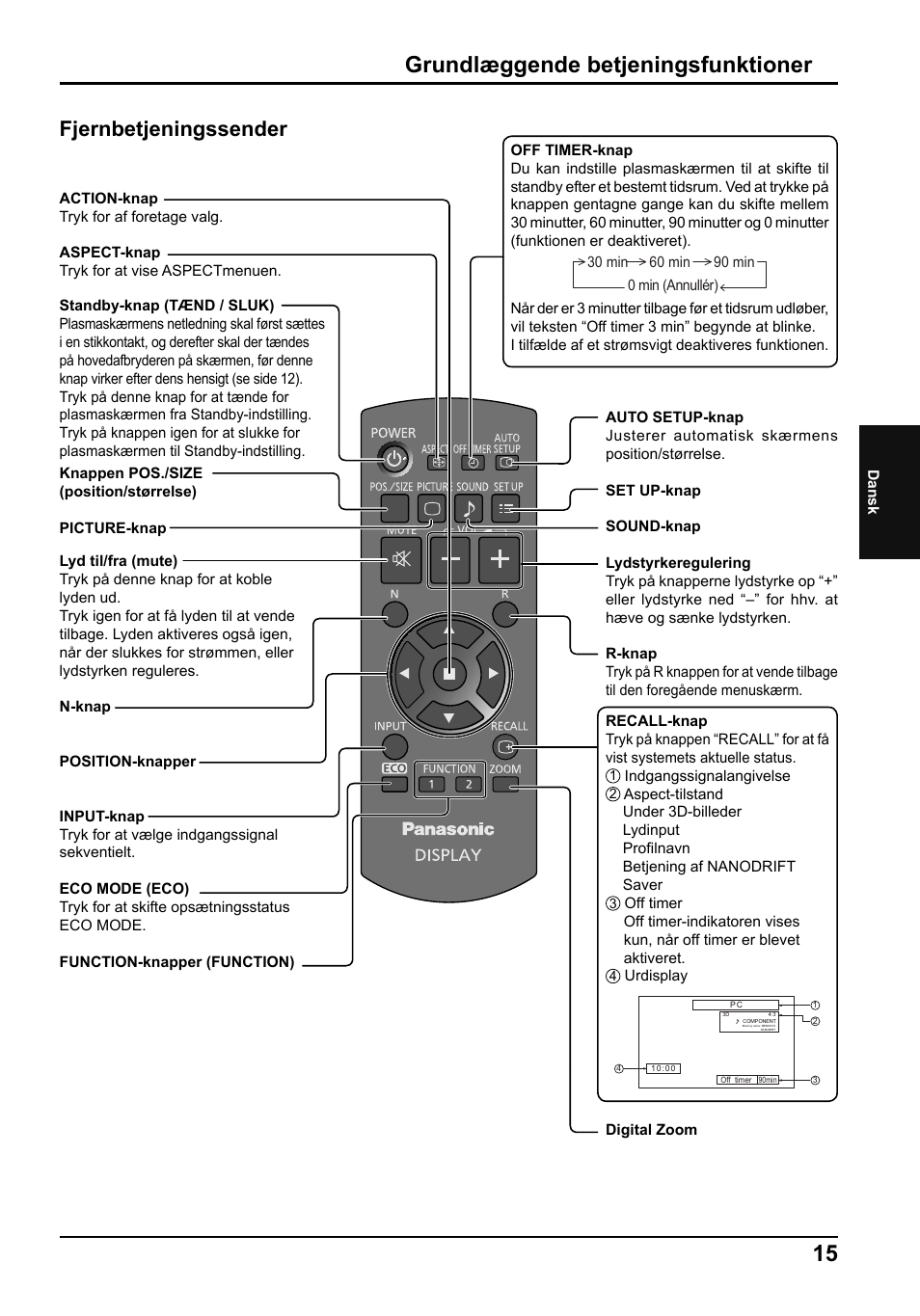 Grundlæggende betjeningsfunktioner, Fjernbetjeningssender | Panasonic TH50PF50E User Manual | Page 51 / 72