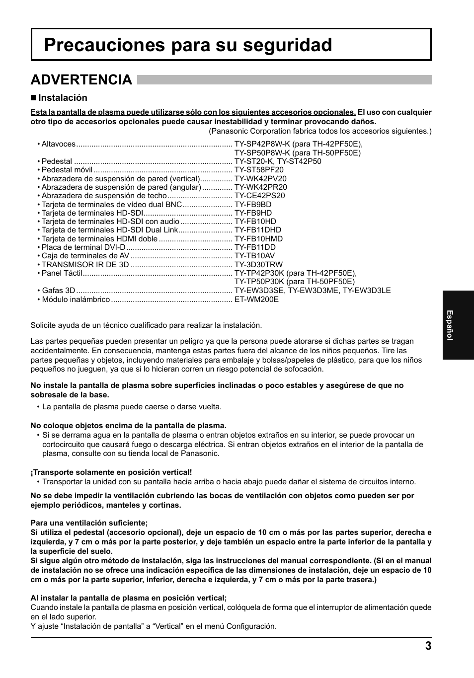 Precauciones para su seguridad, Advertencia | Panasonic TH50PF50E User Manual | Page 57 / 72