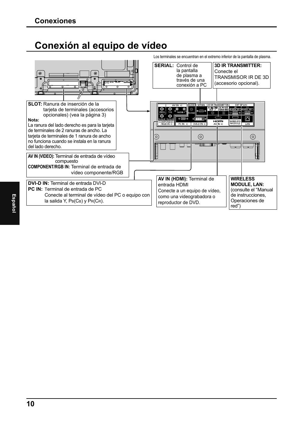 Conexión al equipo de vídeo, Conexiones | Panasonic TH50PF50E User Manual | Page 64 / 72