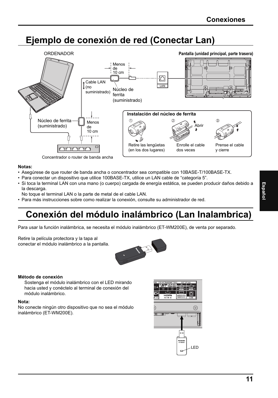 Ejemplo de conexión de red (conectar lan), Conexión del módulo inalámbrico (lan inalambrica), Conexiones | Panasonic TH50PF50E User Manual | Page 65 / 72