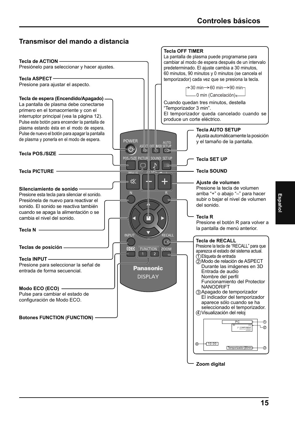 Controles básicos, Transmisor del mando a distancia | Panasonic TH50PF50E User Manual | Page 69 / 72