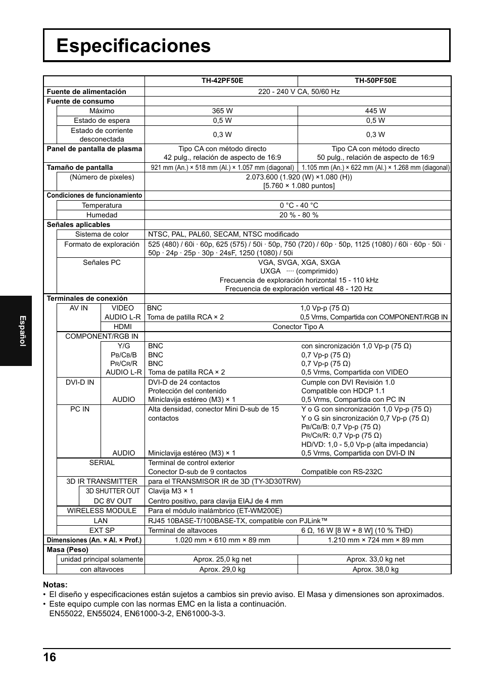 Especifi caciones | Panasonic TH50PF50E User Manual | Page 70 / 72