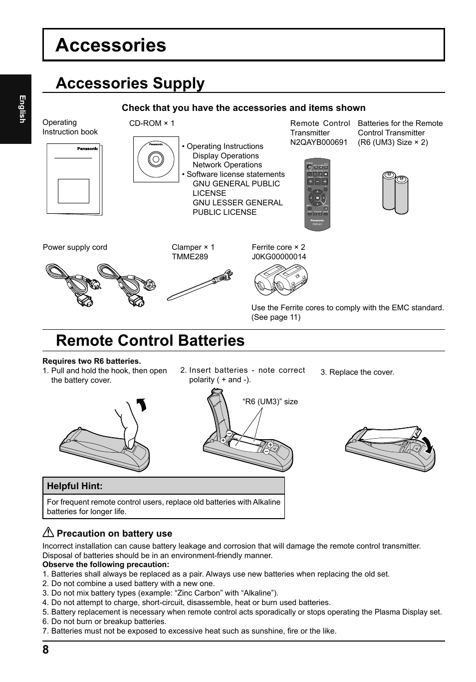 Accessories, Accessories supply, Remote control batteries | Panasonic TH50PF50E User Manual | Page 8 / 72