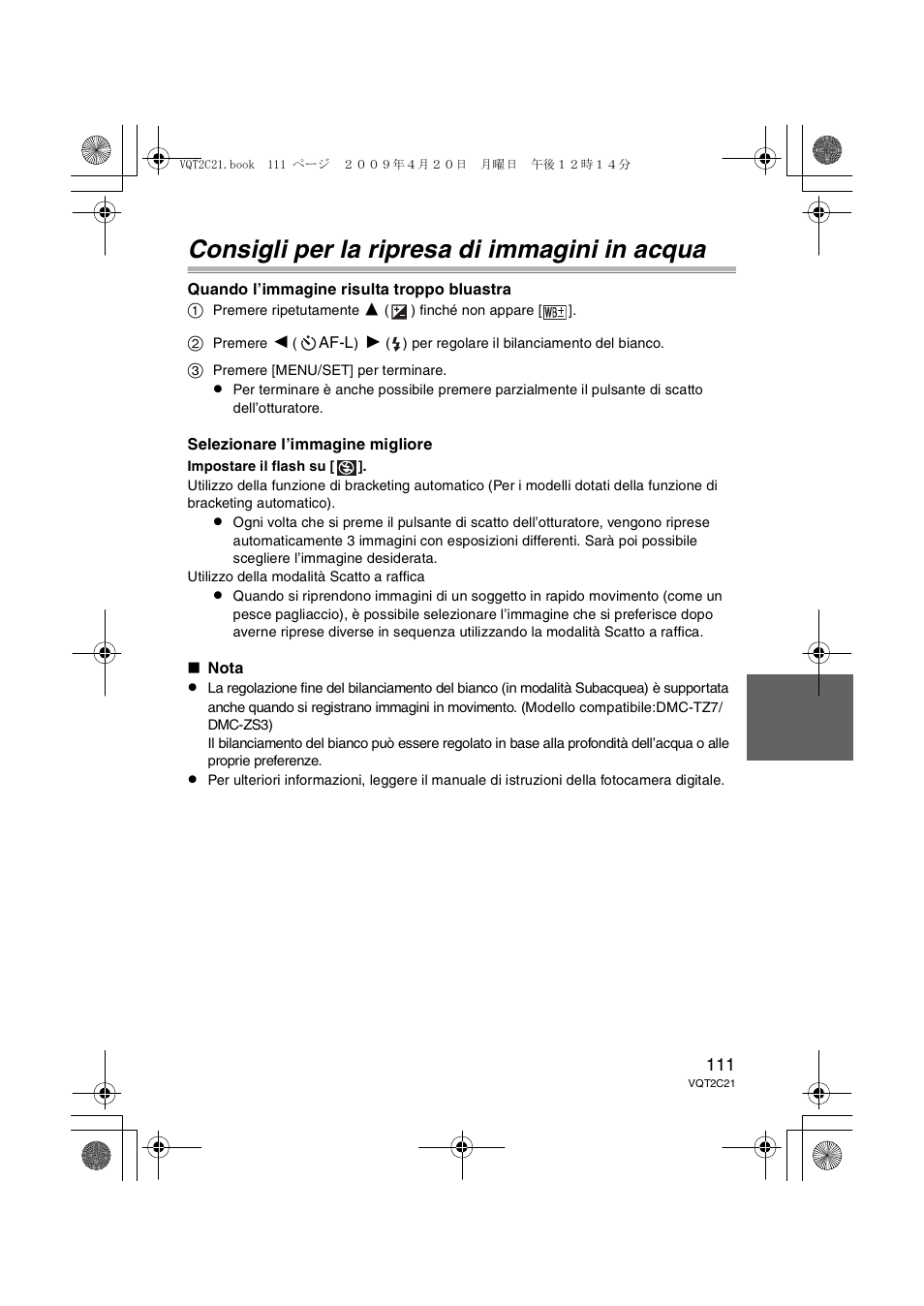 Consigli per la ripresa di immagini in acqua | Panasonic DMWMCTZ7 User Manual | Page 111 / 184