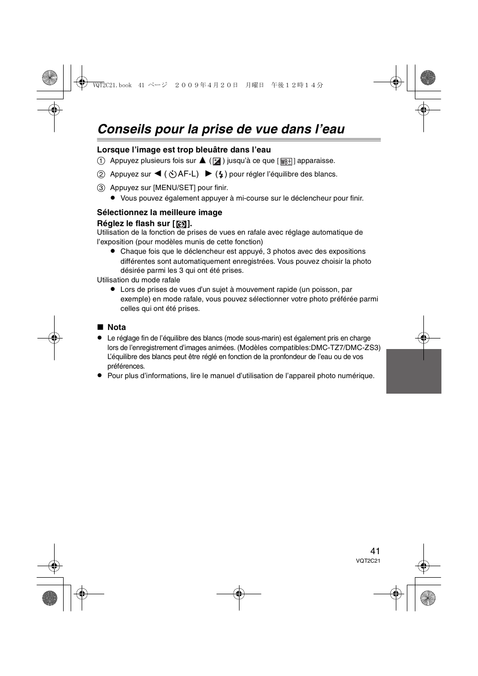 Conseils pour la prise de vue dans l’eau | Panasonic DMWMCTZ7 User Manual | Page 41 / 184