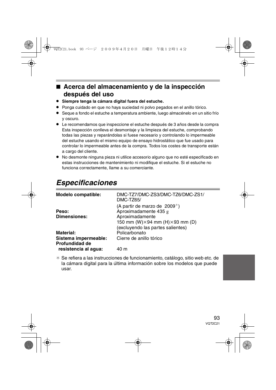 Especificaciones | Panasonic DMWMCTZ7 User Manual | Page 93 / 184