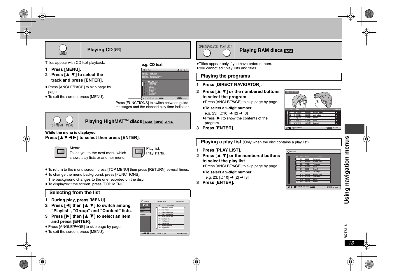 Using na vi gat ion men u s, Playing cd, Playing highmat | Discs, Selecting from the list, Playing ram discs, Playing the programs playing a play list, Press [ 3421 ] to select then press [enter, 3 press [enter | Panasonic DVDS29PX User Manual | Page 13 / 24