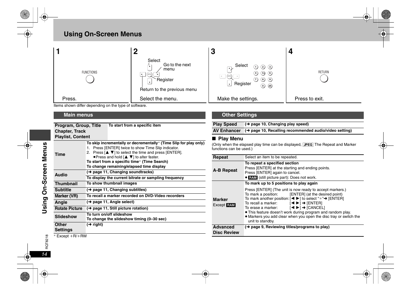 Using on-screen menus, Usi ng on- s creen men u s | Panasonic DVDS29PX User Manual | Page 14 / 24