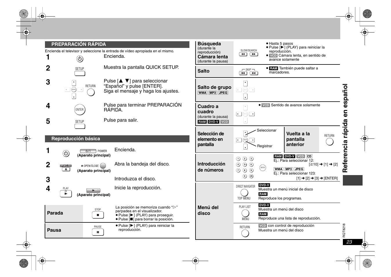 Referencia r á pi da en español | Panasonic DVDS29PX User Manual | Page 23 / 24