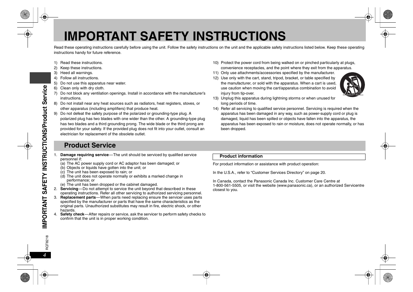 Important safety instructions, Product service | Panasonic DVDS29PX User Manual | Page 4 / 24