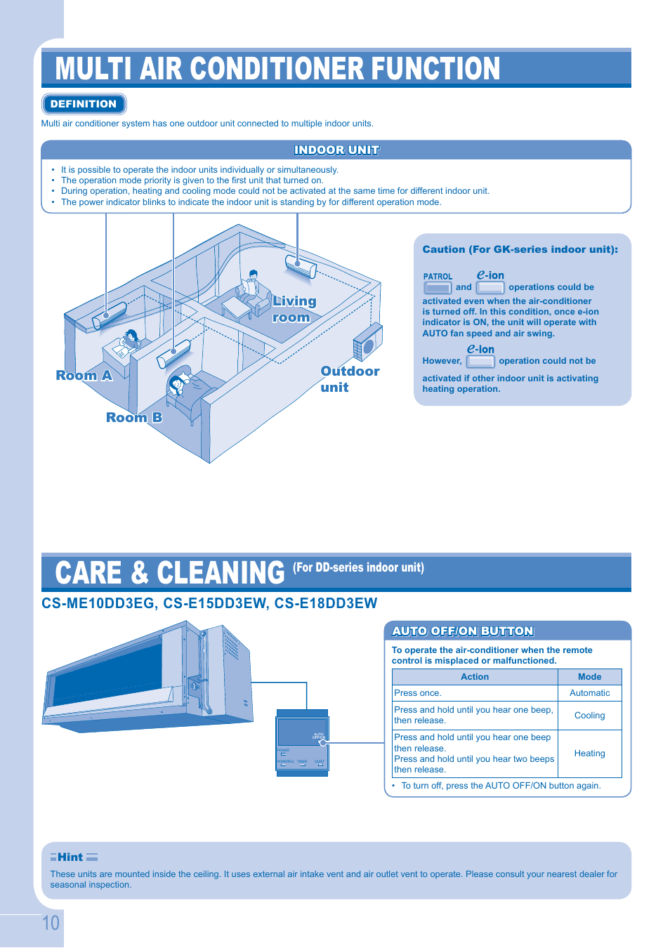 Multi air conditioner function, Care & cleaning | Panasonic CSE9GFEW User Manual | Page 10 / 68