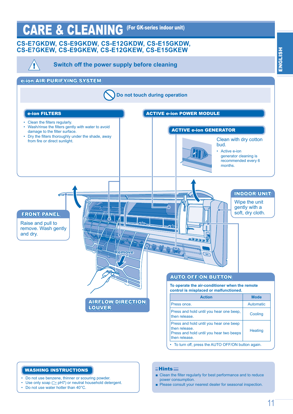 Care & cleaning, Switch off the power supply before cleaning | Panasonic CSE9GFEW User Manual | Page 11 / 68