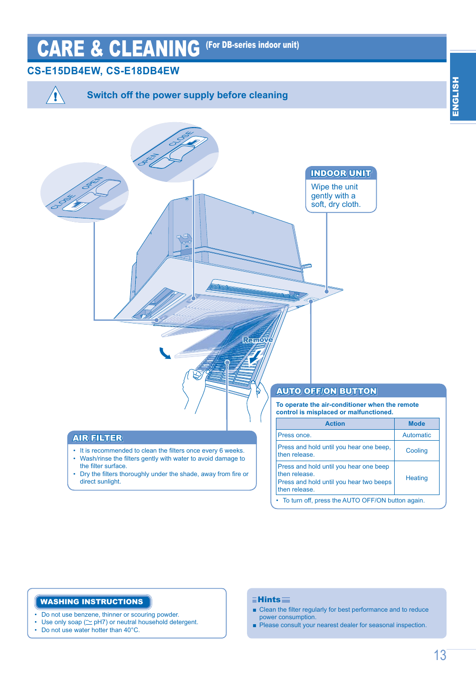 Care & cleaning, Switch off the power supply before cleaning, For db-series indoor unit) | Panasonic CSE9GFEW User Manual | Page 13 / 68