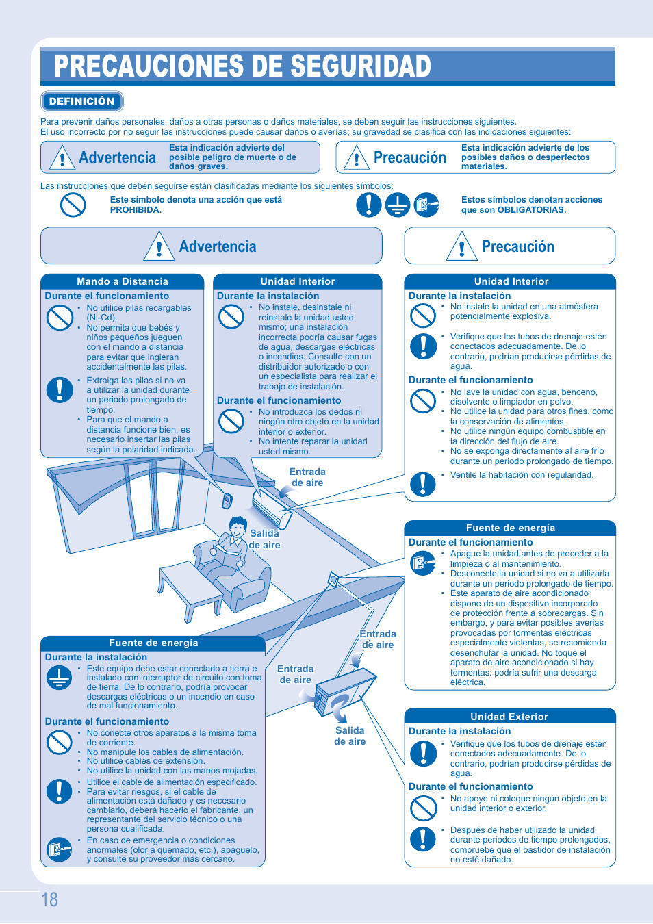 Precauciones de seguridad, Advertencia precaución, Advertencia | Precaución | Panasonic CSE9GFEW User Manual | Page 18 / 68