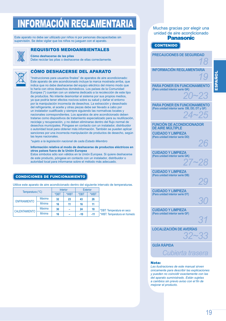 Información reglamentaria, Cubierta trasera | Panasonic CSE9GFEW User Manual | Page 19 / 68