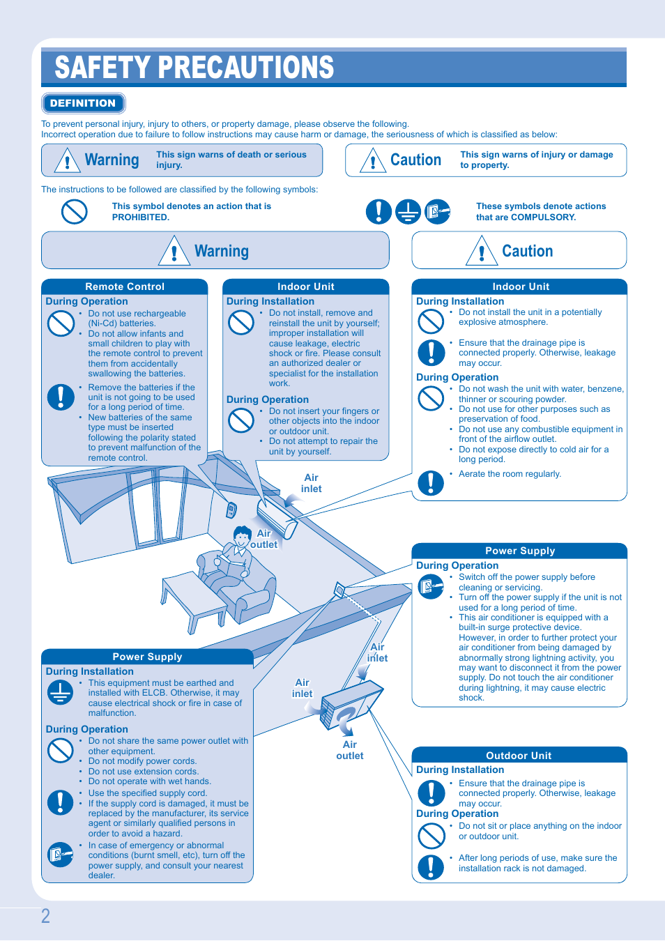 Safety precautions, Warning caution, Warning | Caution | Panasonic CSE9GFEW User Manual | Page 2 / 68