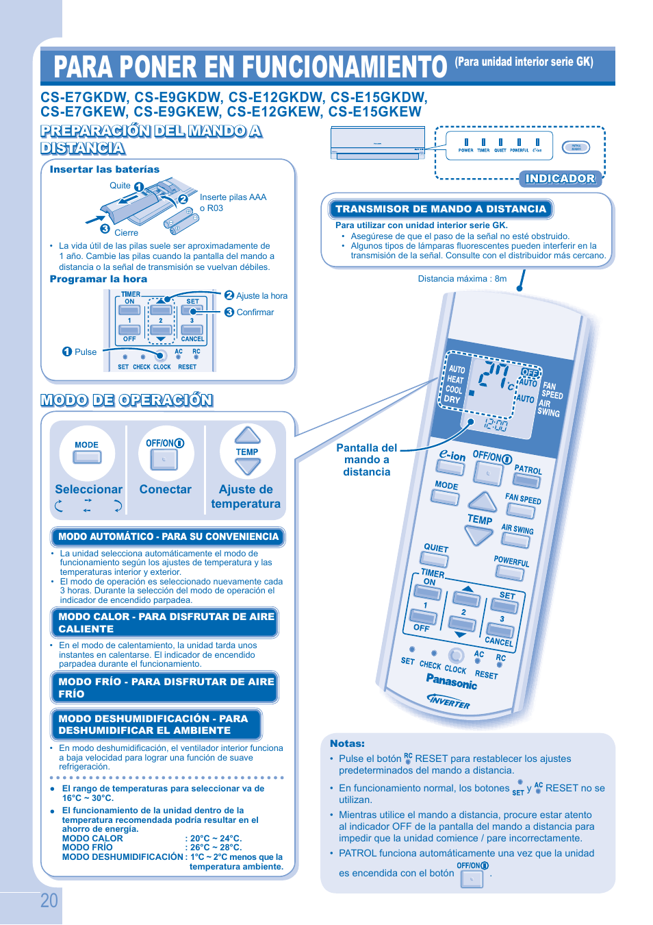 Para poner en funcionamiento, Modo de operación, Preparación del mando a | Panasonic CSE9GFEW User Manual | Page 20 / 68