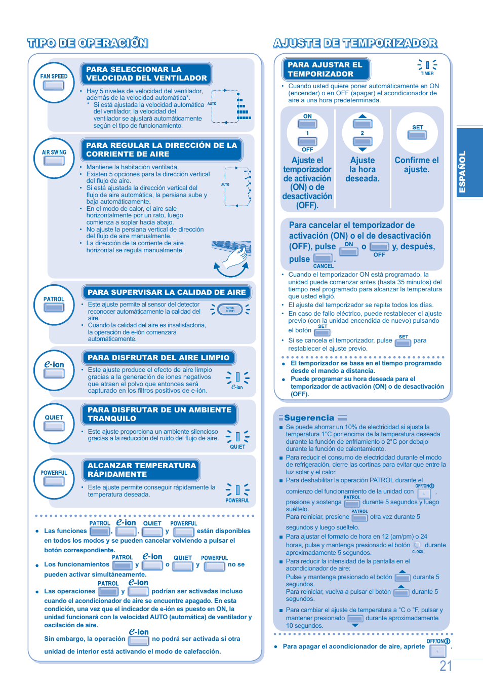 Tipo de operación | Panasonic CSE9GFEW User Manual | Page 21 / 68