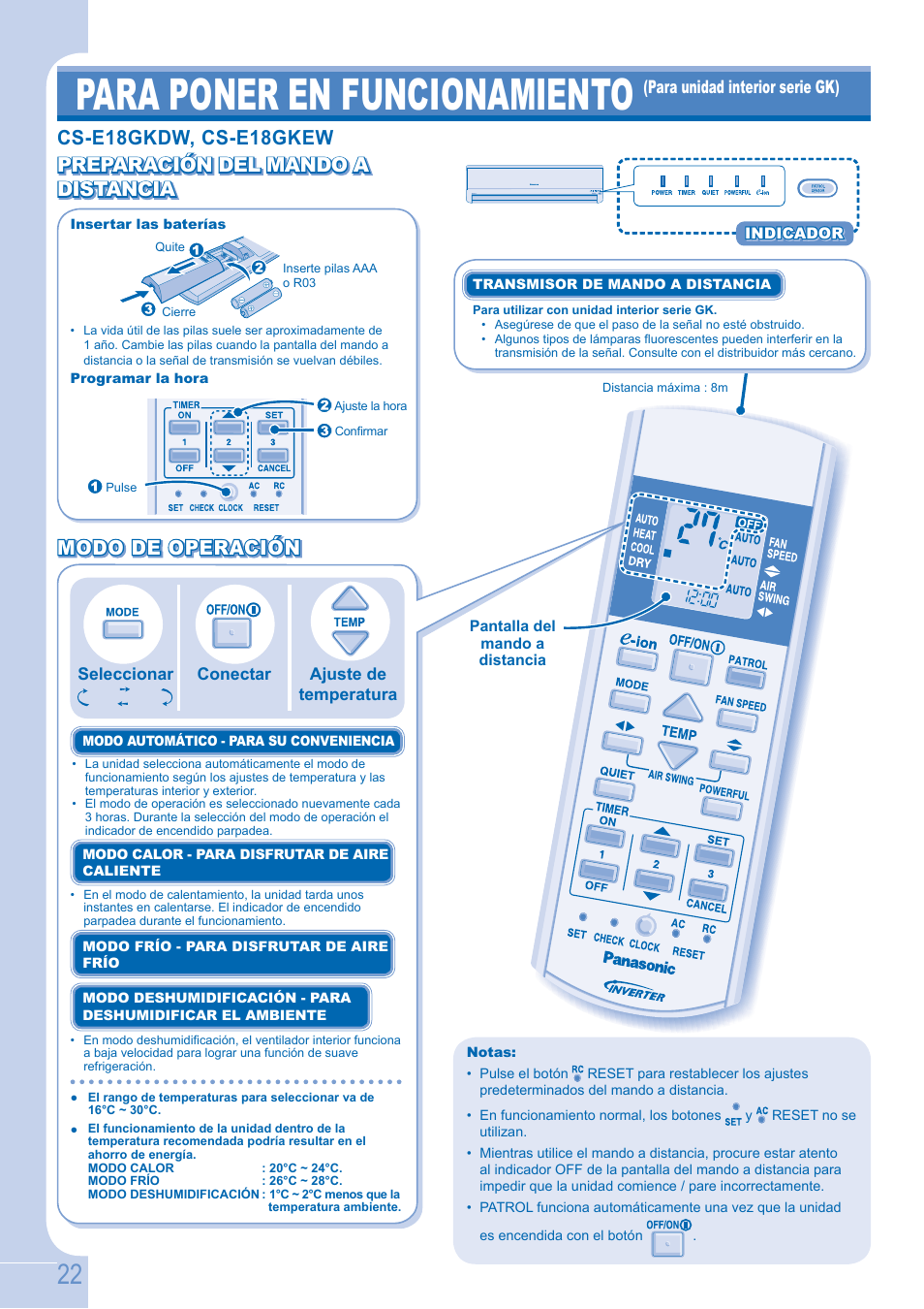 Para poner en funcionamiento, Cs-e18gkdw, cs-e18gkew, Preparación del mando a | Modo de operación | Panasonic CSE9GFEW User Manual | Page 22 / 68