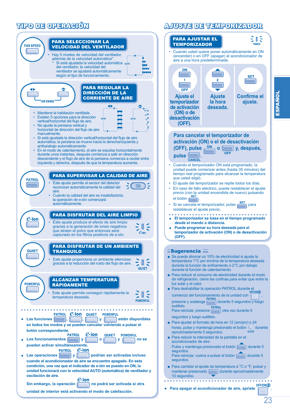Tipo de operación | Panasonic CSE9GFEW User Manual | Page 23 / 68