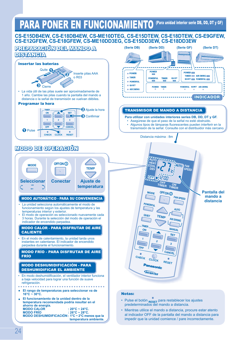 Para poner en funcionamiento, Preparación del mando a, Modo de operación | Para unidad interior serie db, dd, dt y gf), Seleccionar conectar ajuste de temperatura | Panasonic CSE9GFEW User Manual | Page 24 / 68