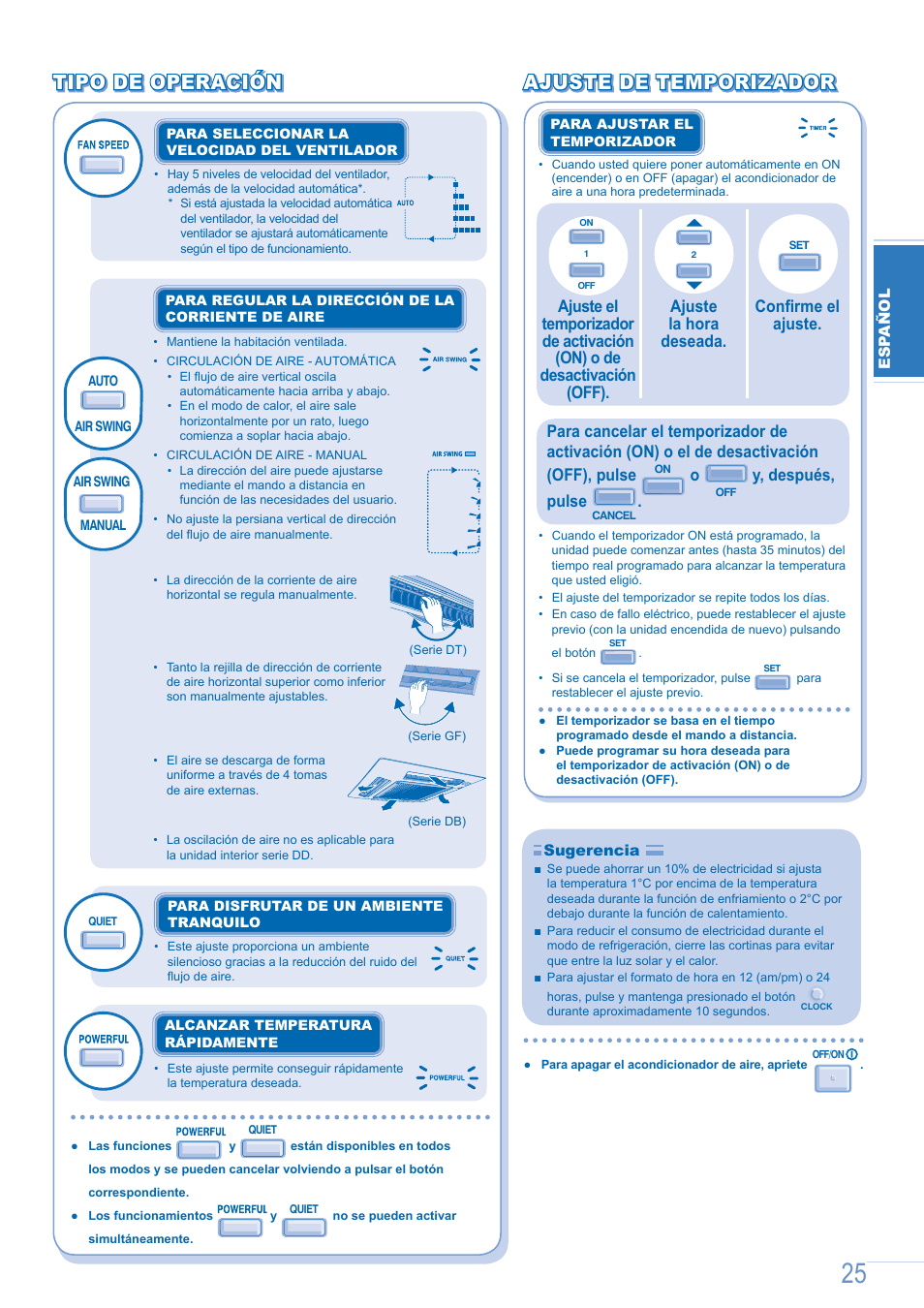 Tipo de operación, Ajuste de temporizador, Y, después, pulse | Panasonic CSE9GFEW User Manual | Page 25 / 68