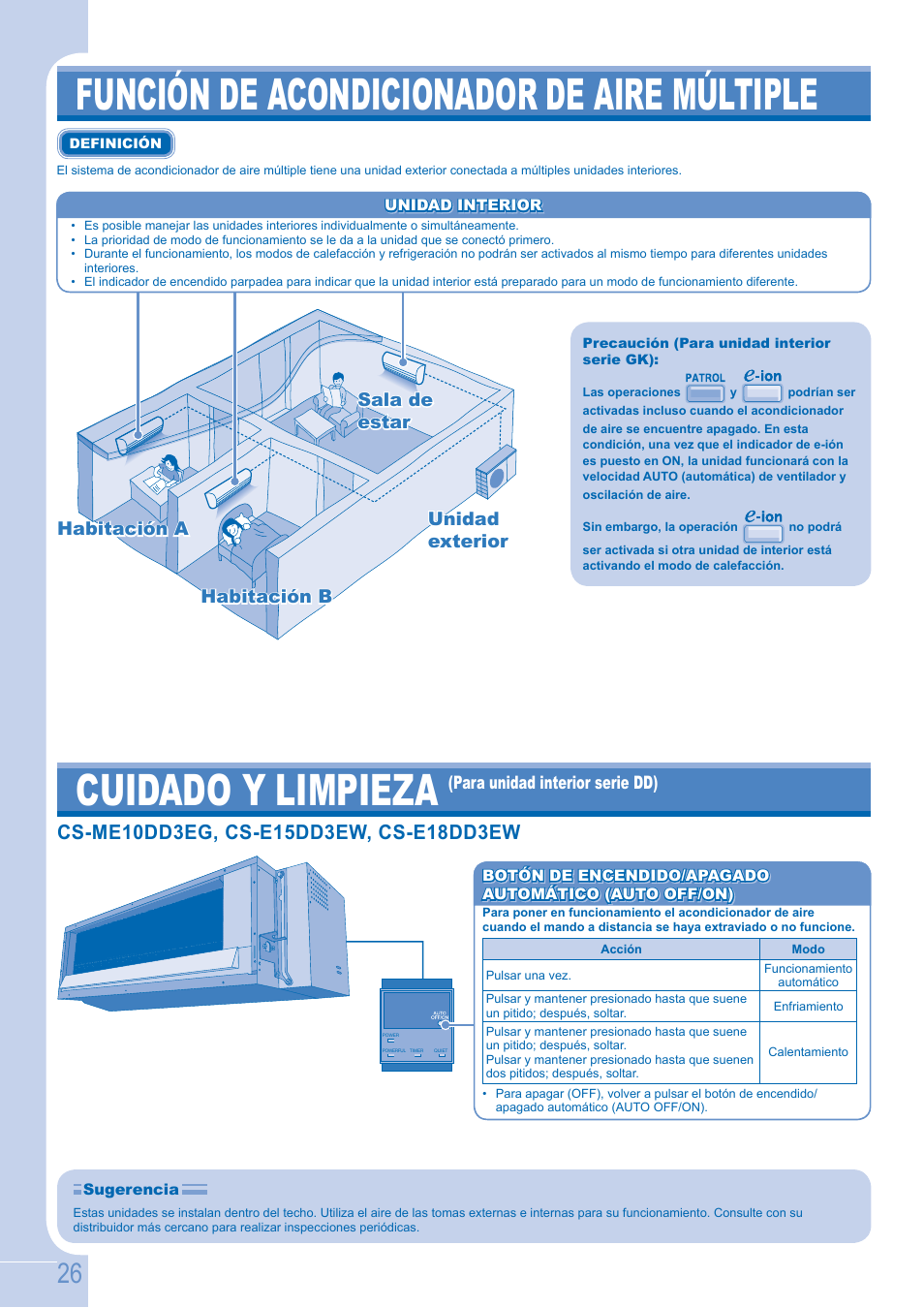 Función de acondicionador de aire múltiple, Cuidado y limpieza, Unidad | Unidad exterior exterior, Habitación a, Habitación a sala de sala de estar estar, Habitación b | Panasonic CSE9GFEW User Manual | Page 26 / 68