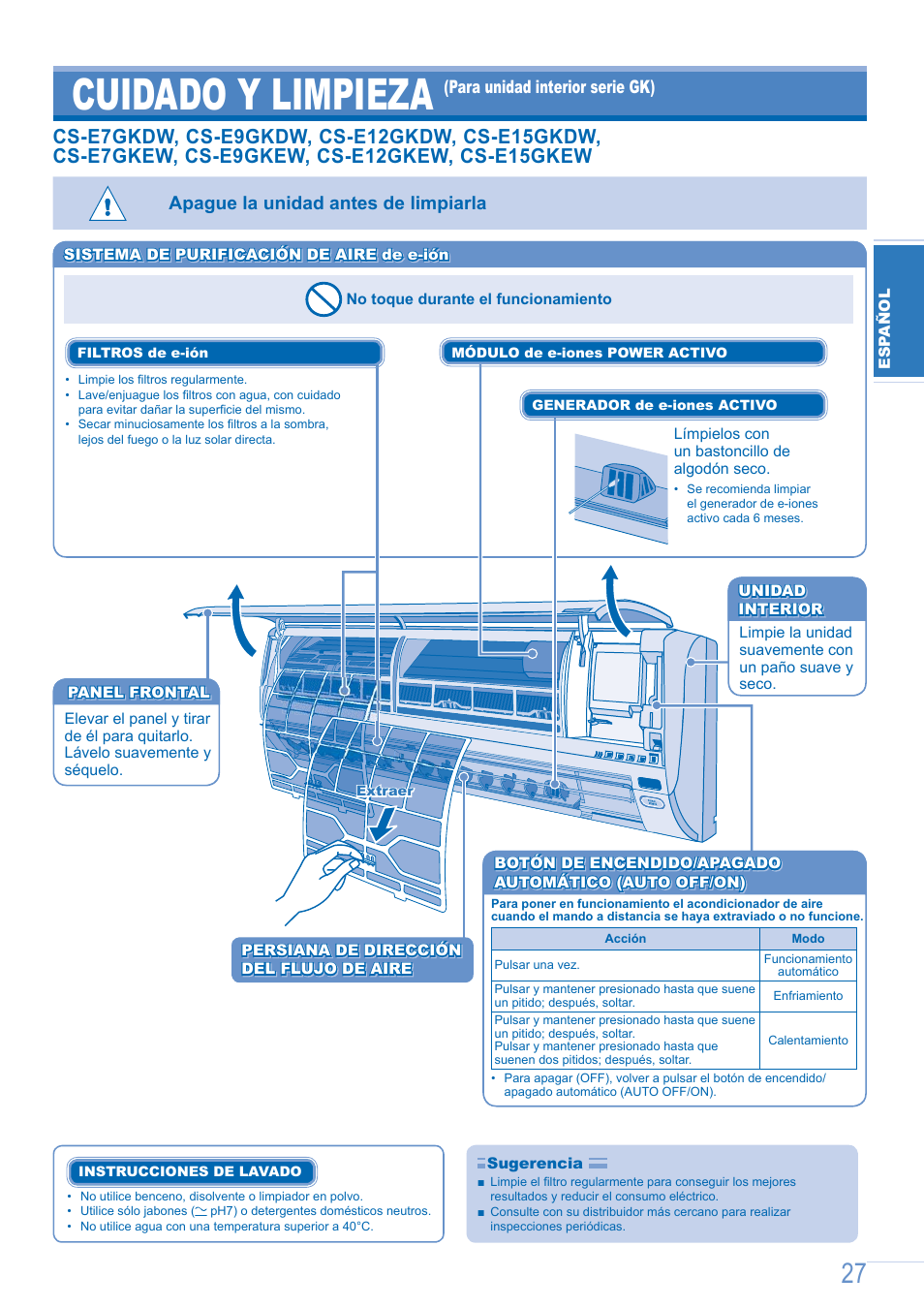 Cuidado y limpieza, Apague la unidad antes de limpiarla | Panasonic CSE9GFEW User Manual | Page 27 / 68