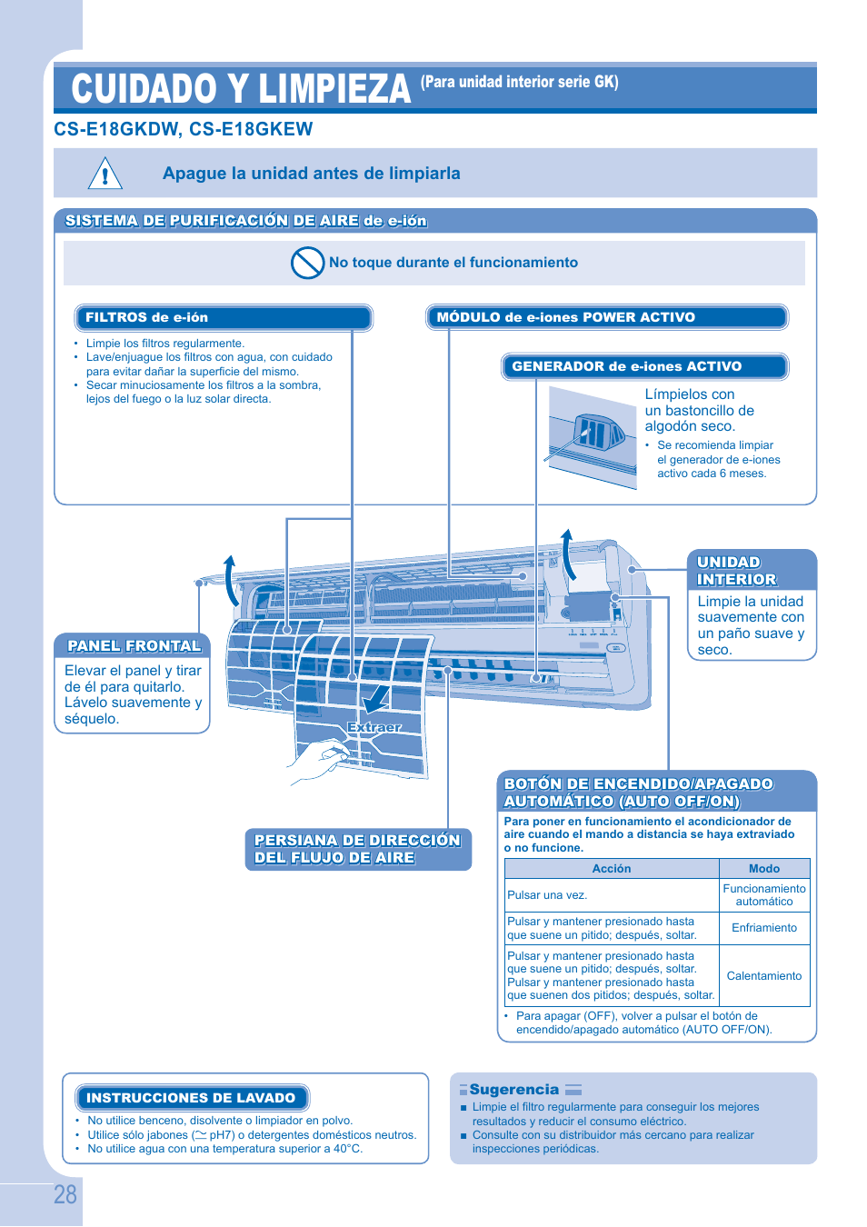 Cuidado y limpieza, Cs-e18gkdw, cs-e18gkew, Apague la unidad antes de limpiarla | Panasonic CSE9GFEW User Manual | Page 28 / 68