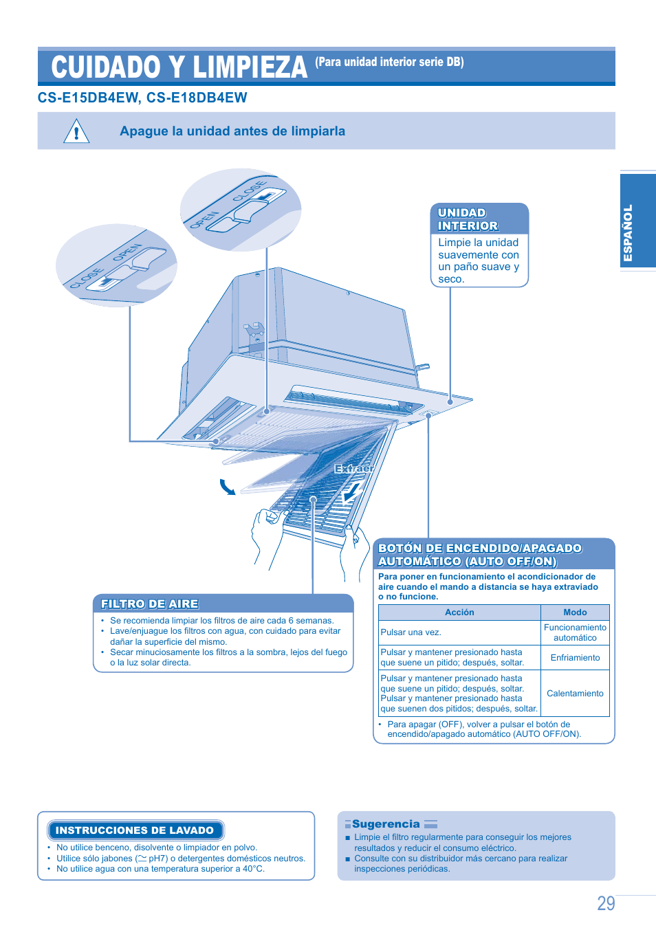 Cuidado y limpieza, Apague la unidad antes de limpiarla, Para unidad interior serie db) | Panasonic CSE9GFEW User Manual | Page 29 / 68