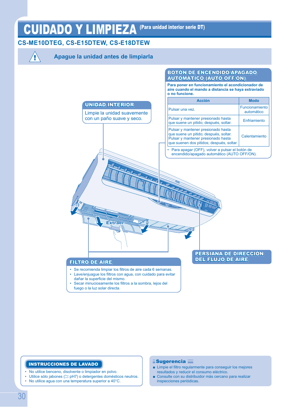 Cuidado y limpieza, Apague la unidad antes de limpiarla | Panasonic CSE9GFEW User Manual | Page 30 / 68