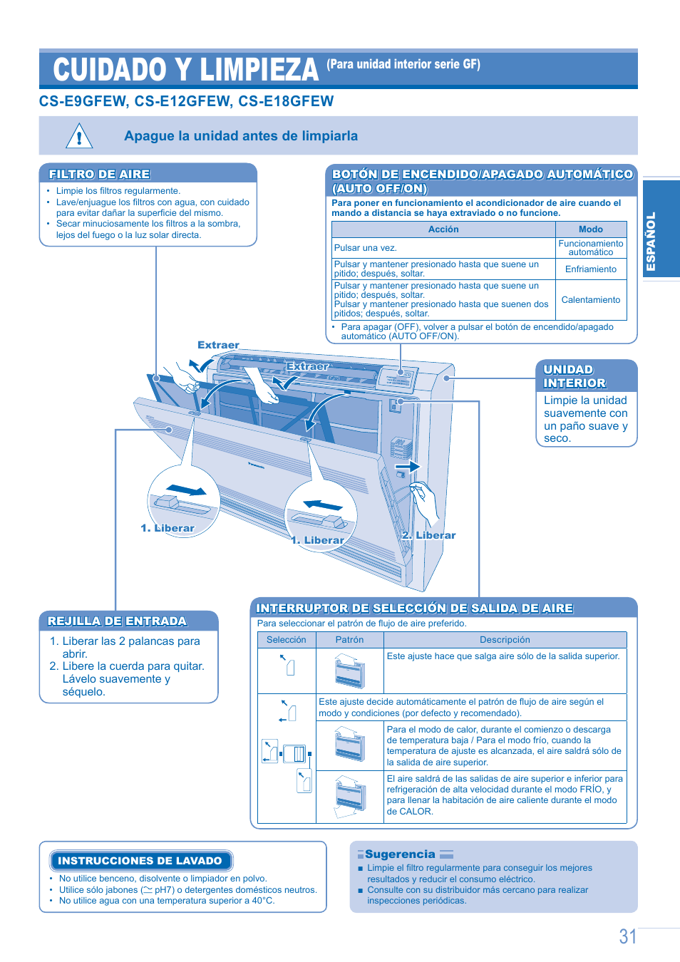 Cuidado y limpieza, Apague la unidad antes de limpiarla | Panasonic CSE9GFEW User Manual | Page 31 / 68