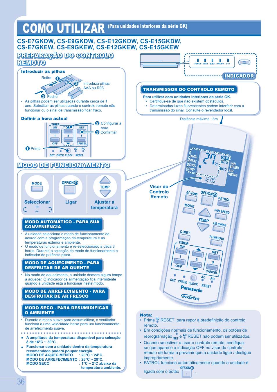 Como utilizar, Preparação do controlo, Modo de funcionamento | Panasonic CSE9GFEW User Manual | Page 36 / 68