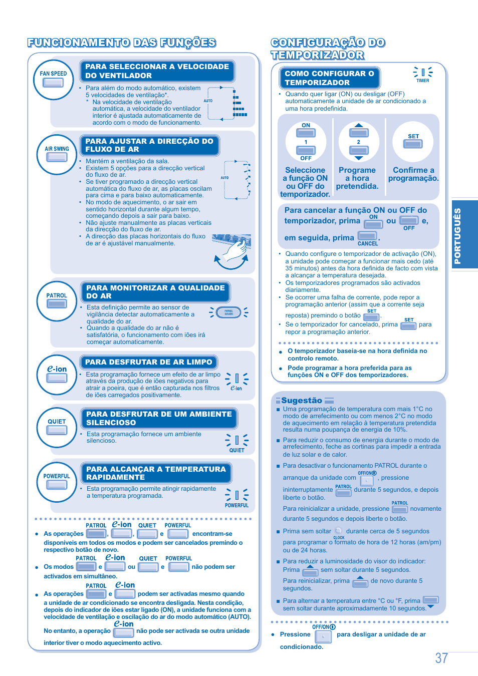 Configuração do, Configuração do temporizador temporizador | Panasonic CSE9GFEW User Manual | Page 37 / 68