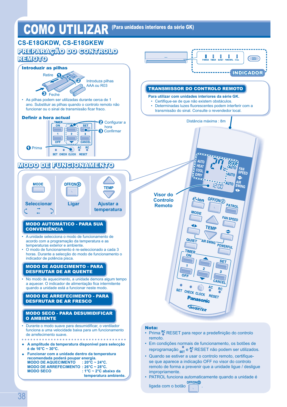 Como utilizar, Cs-e18gkdw, cs-e18gkew, Preparação do controlo | Modo de funcionamento | Panasonic CSE9GFEW User Manual | Page 38 / 68