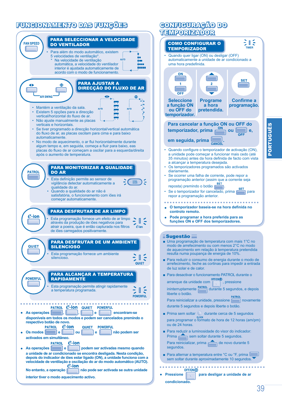 Configuração do, Configuração do temporizador temporizador | Panasonic CSE9GFEW User Manual | Page 39 / 68