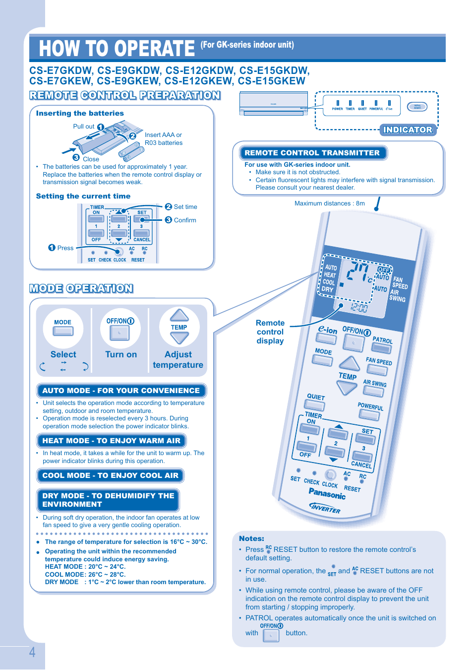 How to operate, Remote control preparation | Panasonic CSE9GFEW User Manual | Page 4 / 68