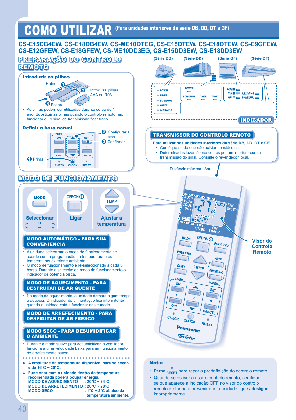 Como utilizar, Preparação do controlo, Modo de funcionamento | Para unidades interiores da série db, dd, dt e gf) | Panasonic CSE9GFEW User Manual | Page 40 / 68