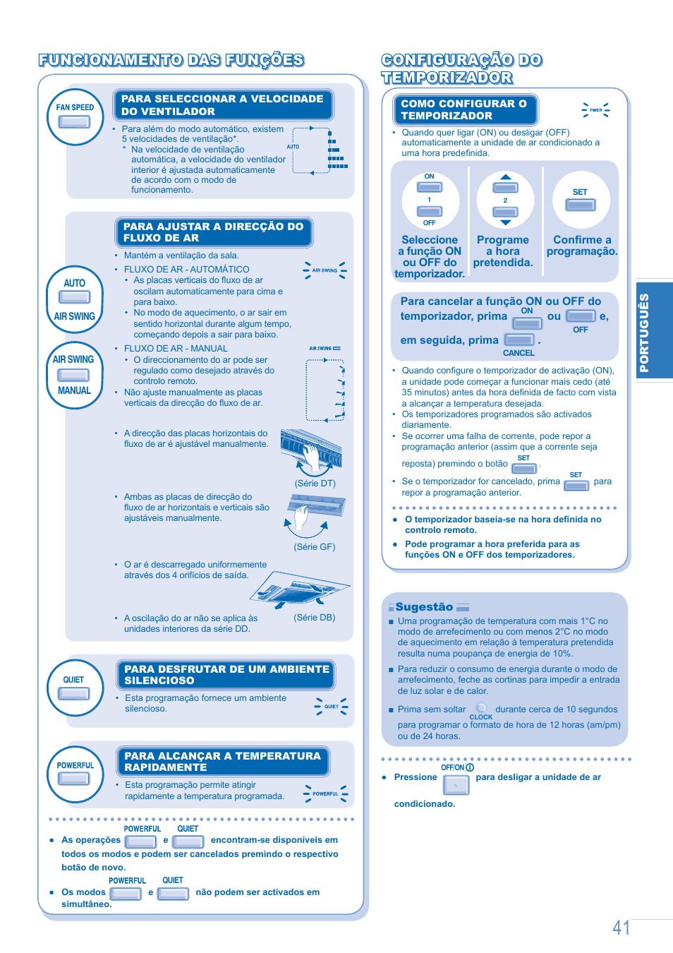 Configuração do, Configuração do temporizador temporizador | Panasonic CSE9GFEW User Manual | Page 41 / 68