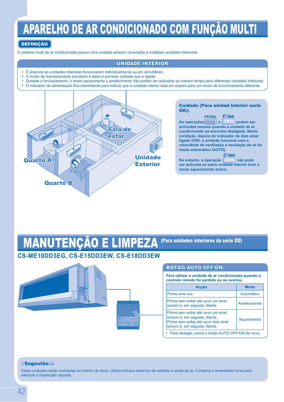 Manutenção e limpeza, Aparelho de ar condicionado com função multi | Panasonic CSE9GFEW User Manual | Page 42 / 68
