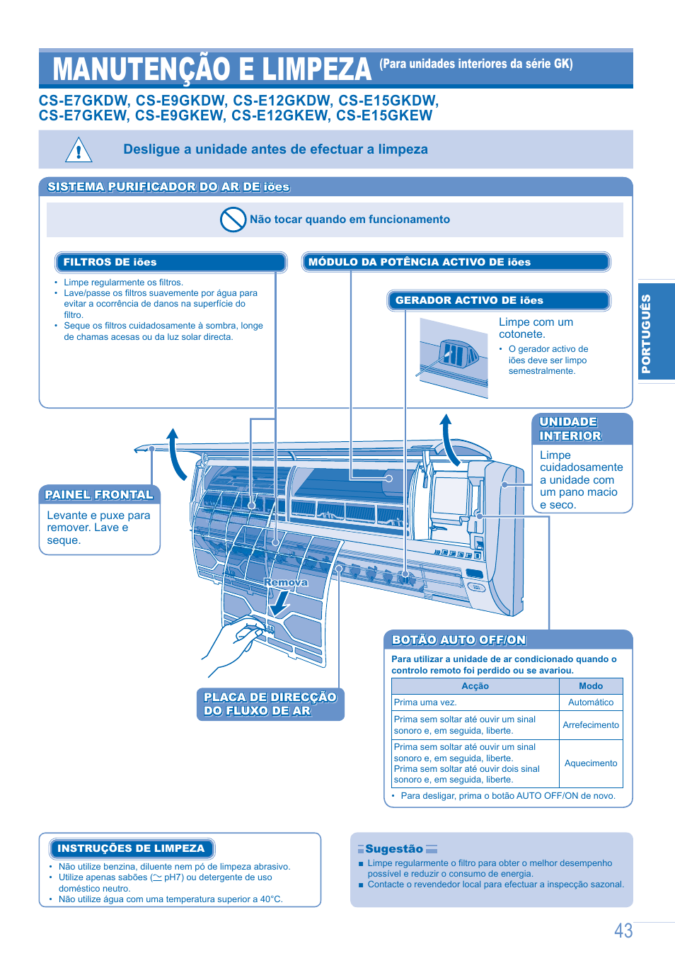 Manutenção e limpeza, Desligue a unidade antes de efectuar a limpeza | Panasonic CSE9GFEW User Manual | Page 43 / 68