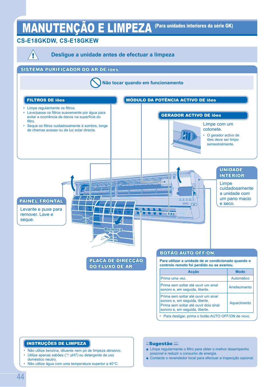 Manutenção e limpeza, Cs-e18gkdw, cs-e18gkew, Desligue a unidade antes de efectuar a limpeza | Panasonic CSE9GFEW User Manual | Page 44 / 68