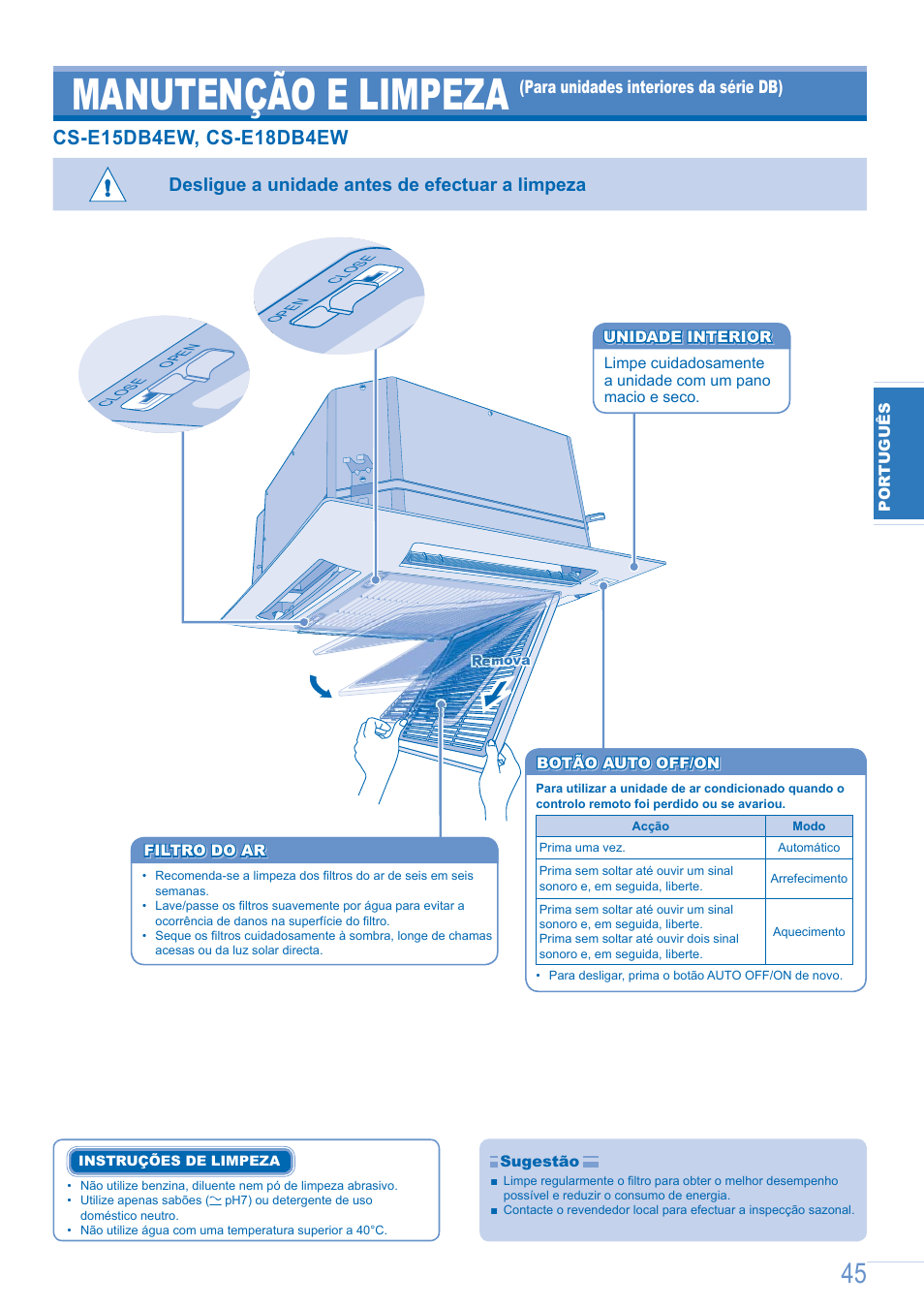 Manutenção e limpeza, Desligue a unidade antes de efectuar a limpeza, Para unidades interiores da série db) | Panasonic CSE9GFEW User Manual | Page 45 / 68