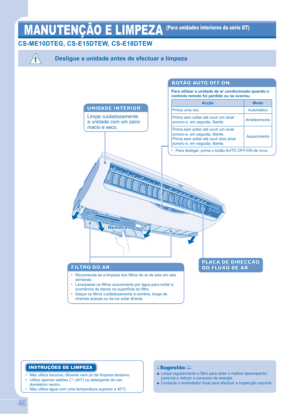 Manutenção e limpeza, Desligue a unidade antes de efectuar a limpeza | Panasonic CSE9GFEW User Manual | Page 46 / 68
