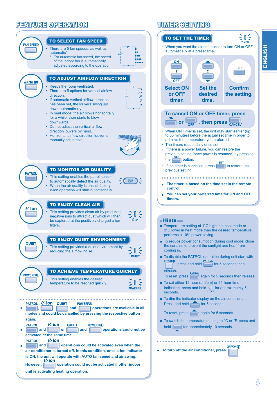Feature operation | Panasonic CSE9GFEW User Manual | Page 5 / 68