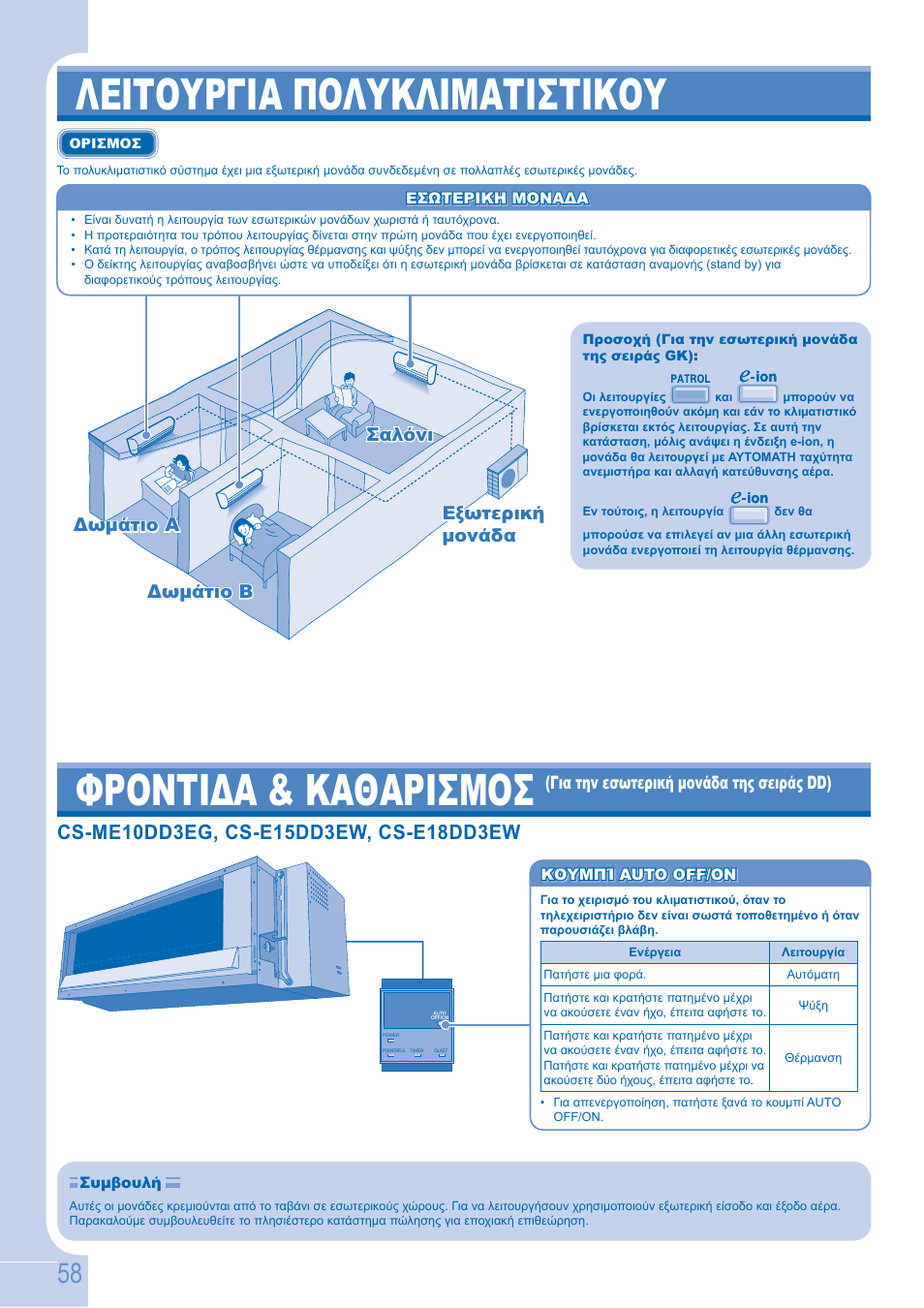 Λειτουργια πολυκλιματιστικου φροντιδα & καθαρισμοσ, Εξωτερική, Δωμάτιο b | Panasonic CSE9GFEW User Manual | Page 58 / 68