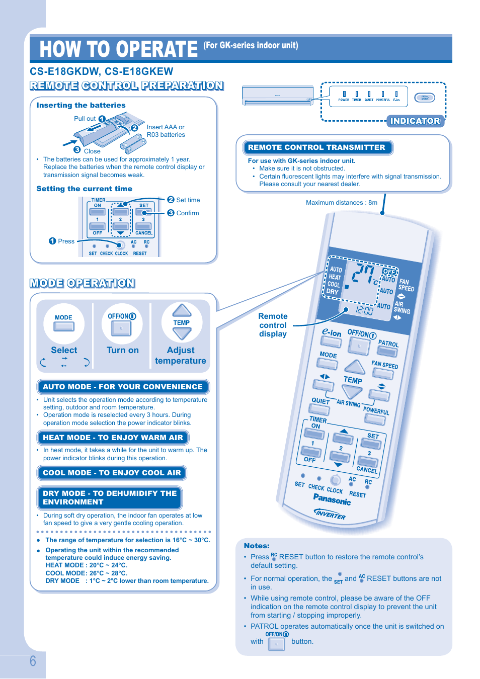 How to operate, Remote control preparation, Cs-e18gkdw, cs-e18gkew | Panasonic CSE9GFEW User Manual | Page 6 / 68